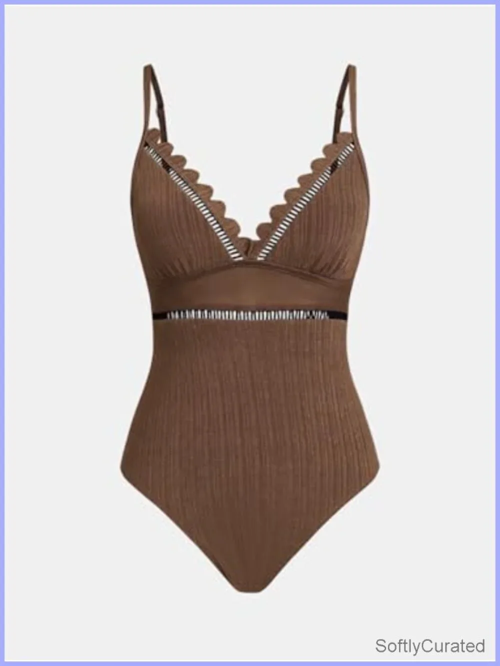 One Piece Swimsuit Scalloped V Neck Mesh Cutout Adjustable Straps Textured